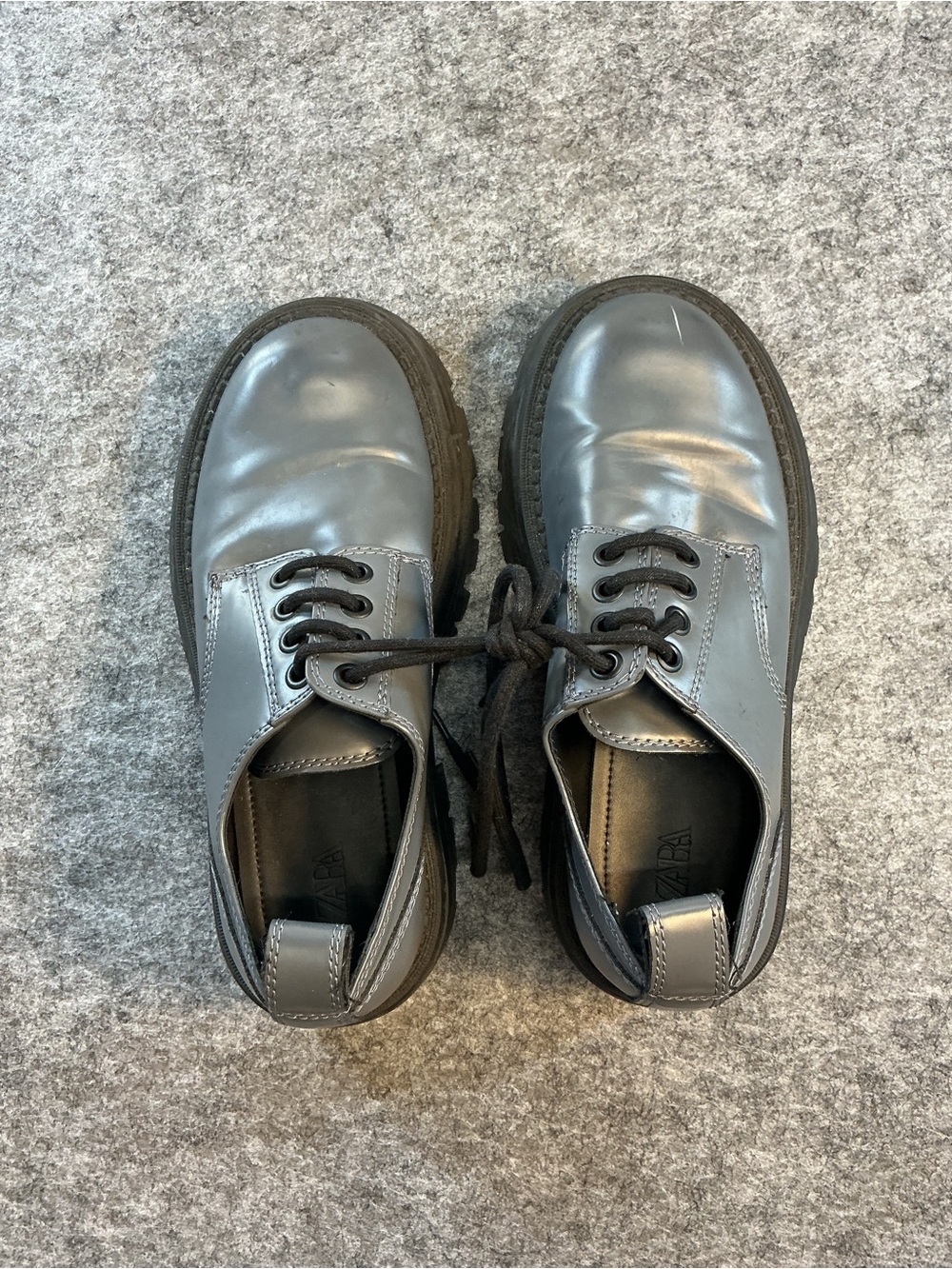 Zara Grey Metallic Chunky 90s Lace-Up Casual Leather Shoes Size 42